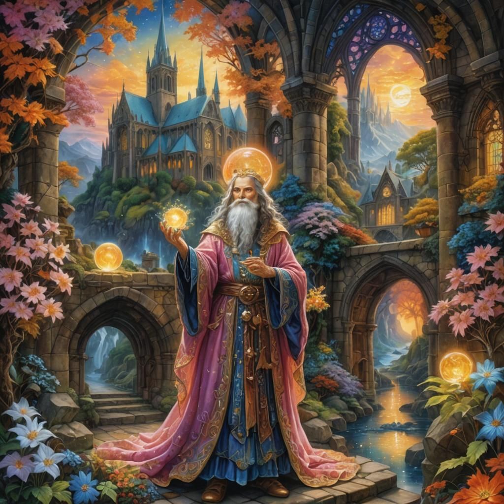 Wizard Casting Spells in Gothic Cathedral