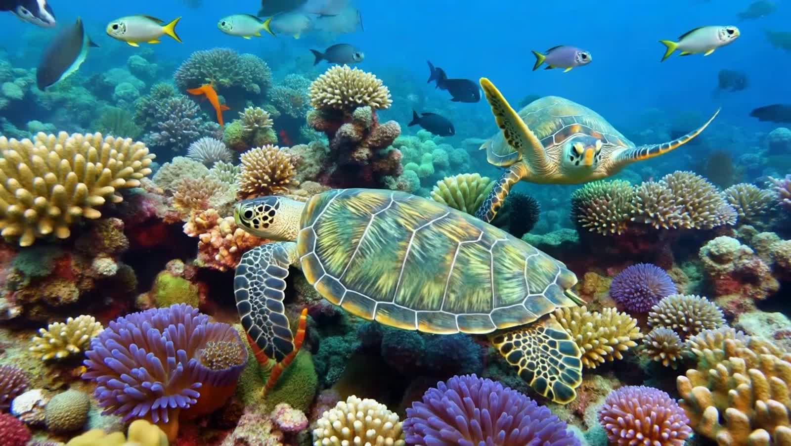 A pair of large brightly emerald and turquoise sea turtles cruise through an undersea wonderland coral reef filled with ...