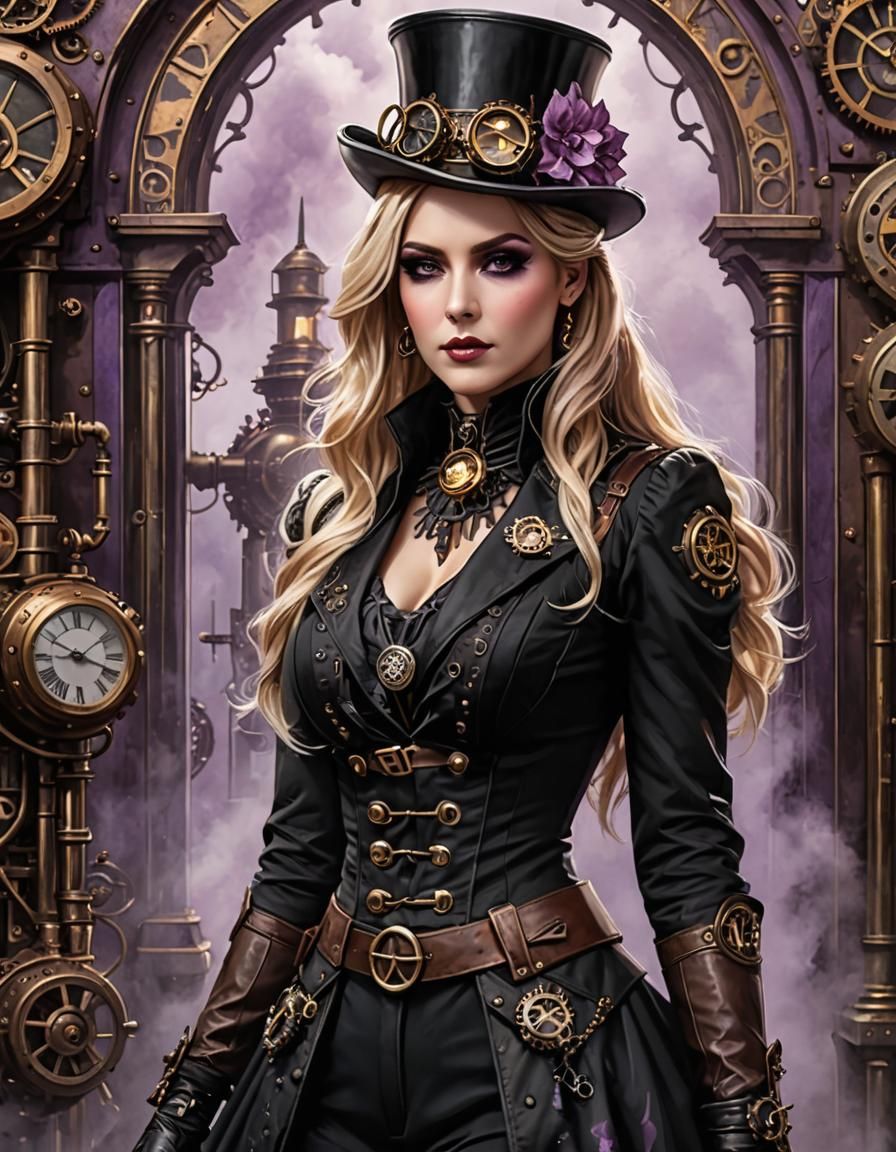 full-length steampunk portrait of gorgeous woman with light ...
