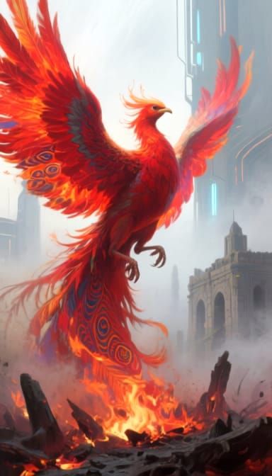 Majestic Phoenix, its feathers spread & ablaze with fiery red hues rising from ashes.