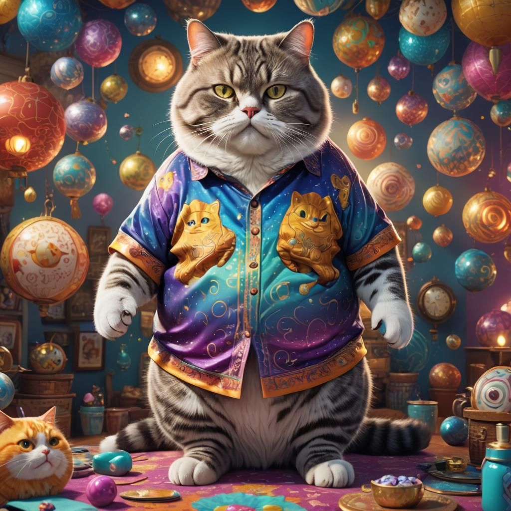 Pampered Obese Cat in Cartoon Shirt: Fantasy Art