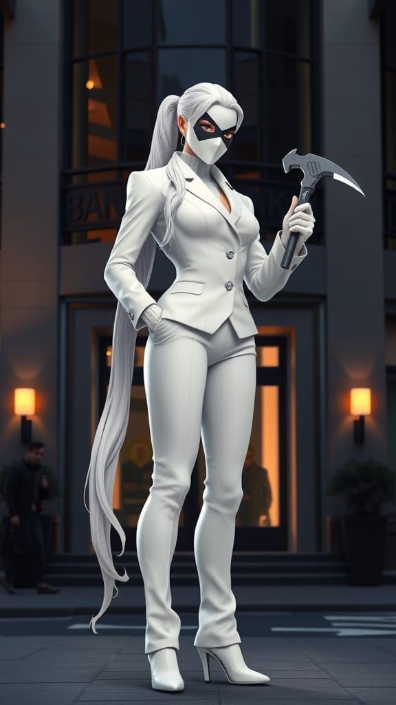 "Loveless"
Loveless stands confidently in front of a sleek, modern bank, her white pants suit a stark contrast to the dark, muted tones of t...