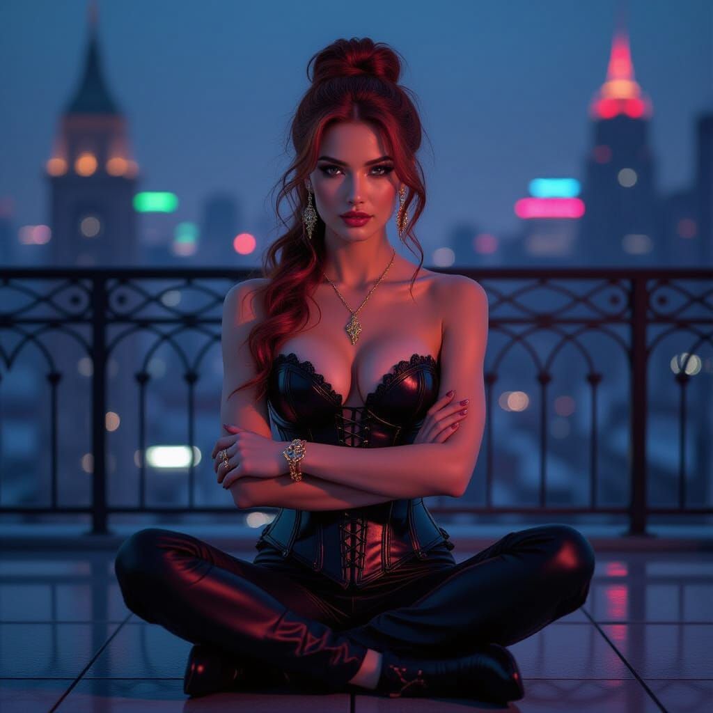 Include the pose and clothing of the second picture on the 1st picture, keeping the environment , clothes color of the 1st picture the same,... - Start Image 1