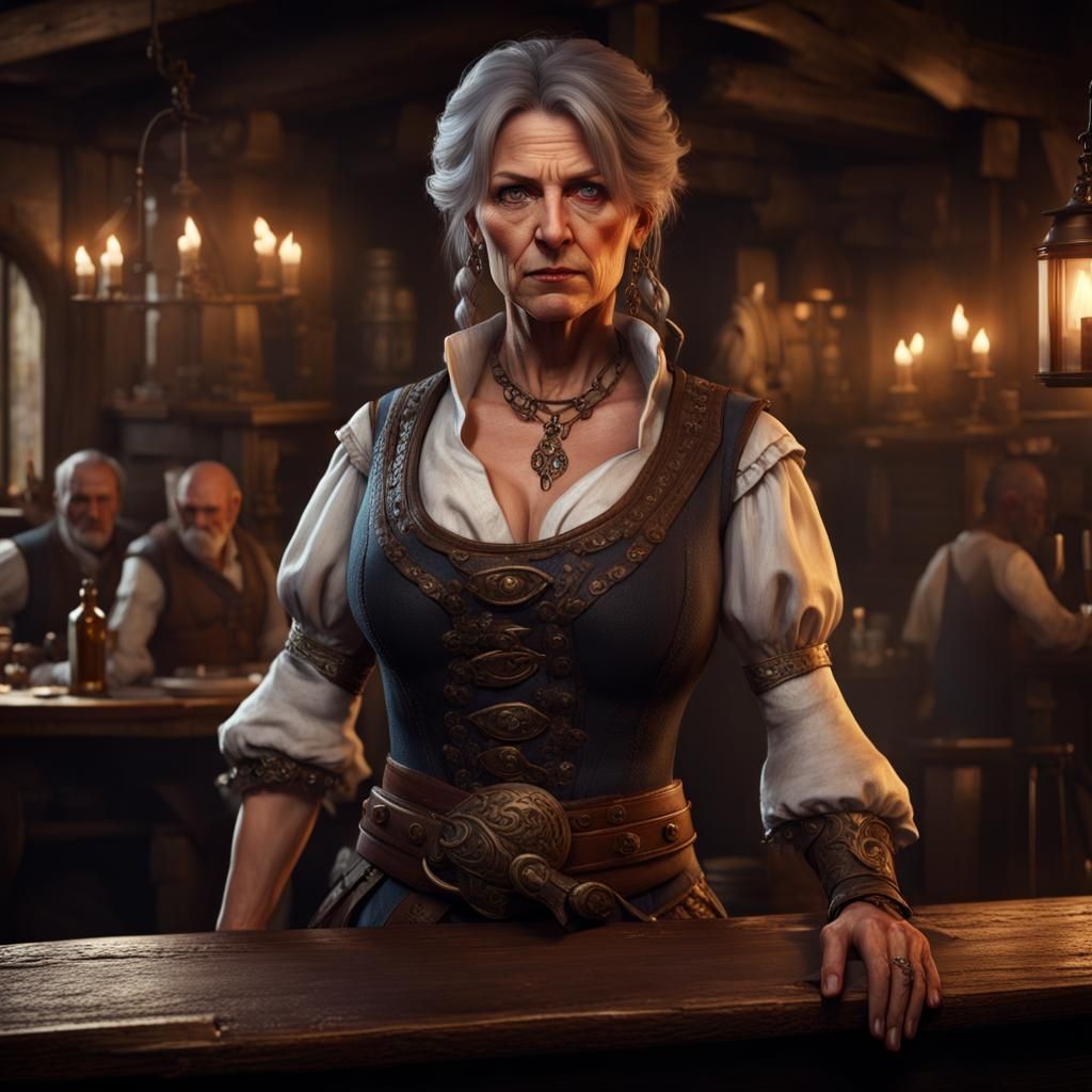 a middle-aged human female who owns the tavern looking at yo...