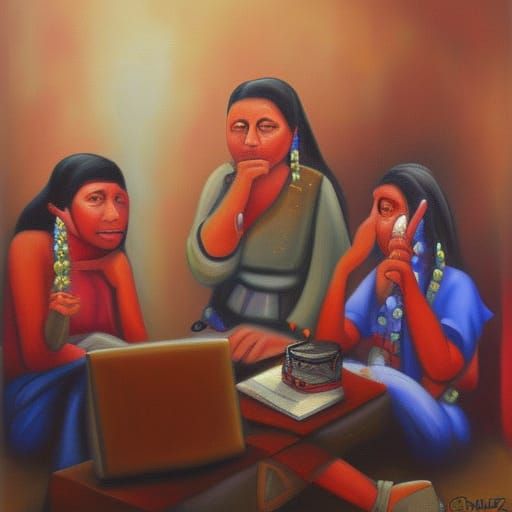 Mayans on Computers oil painting by Raul Cruz
