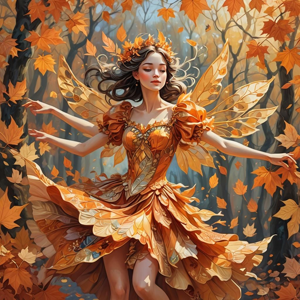 personification of autumn, a lively and lithe fairy dressed in orange and golden leaves dancing  surrounded by a swirl of autumnal leaves an...