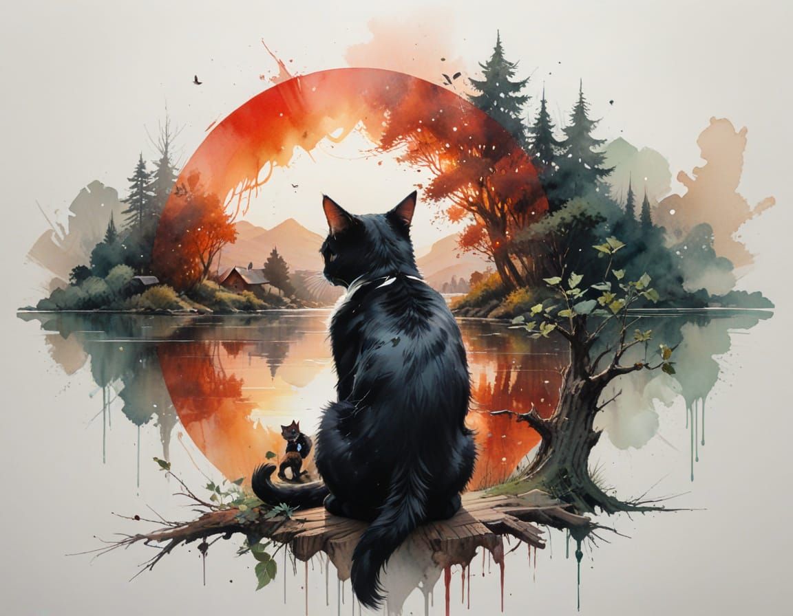 Boy Watches Cats Play Guitar on Tree Branch