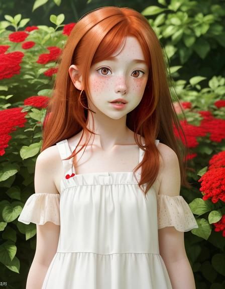 Auburn Haired Girl Picking Flowers, Anime Style