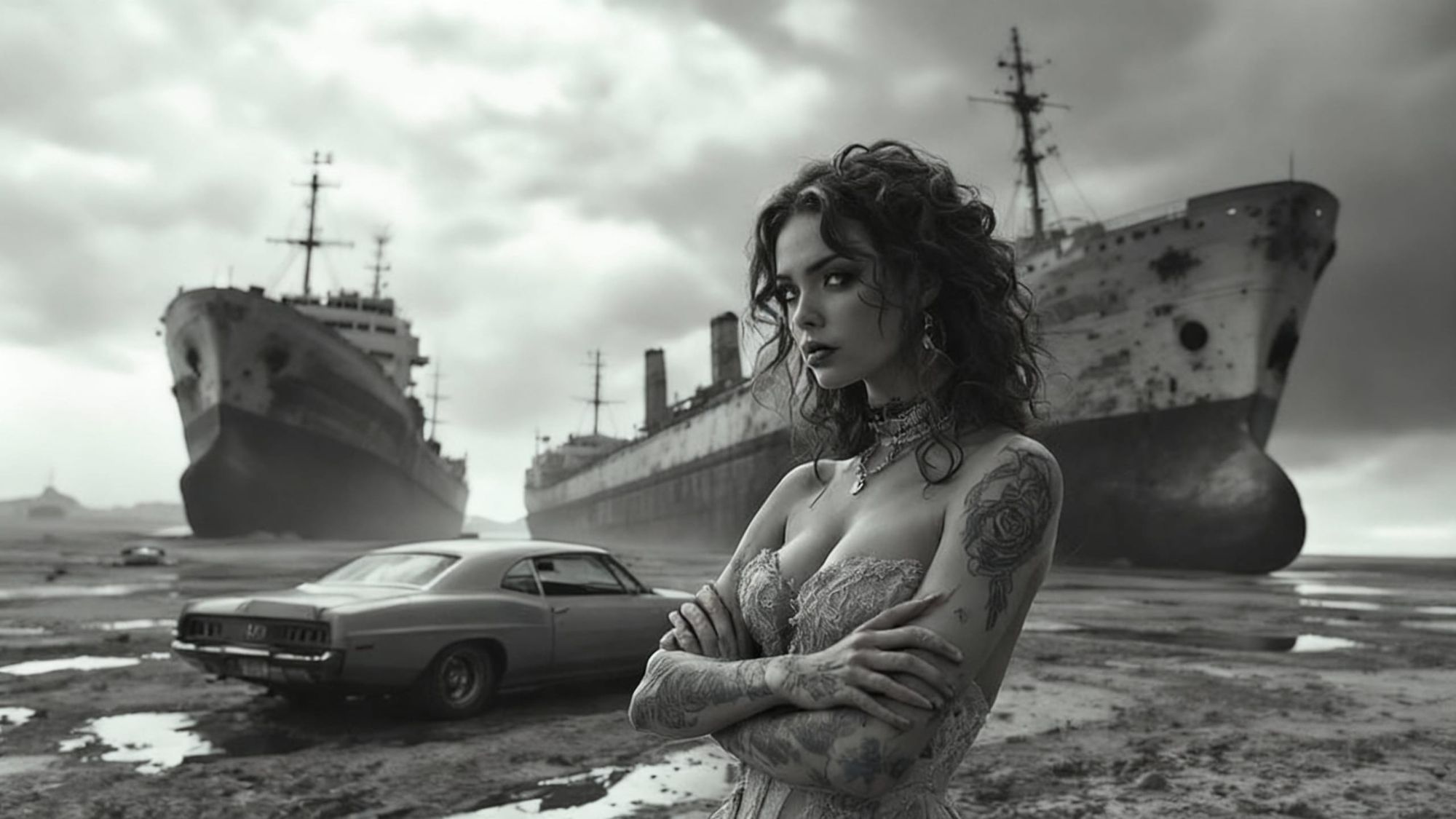 Beached ships rust and lean / muscle car sinks in low tide / rose tattoo remains