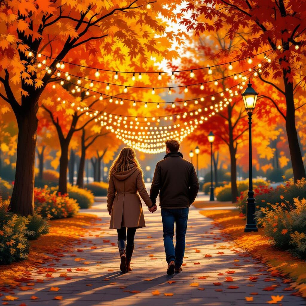 Romantic autumn date night, a loving couple walking hand in hand through a park lined with golden leaves, ...  by @Katlena