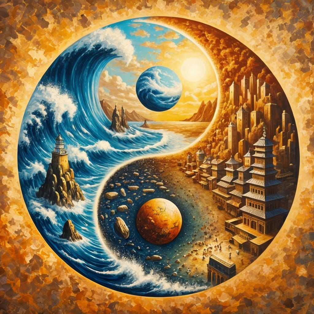 Yin Yang Oil Painting of Ocean and City Balance