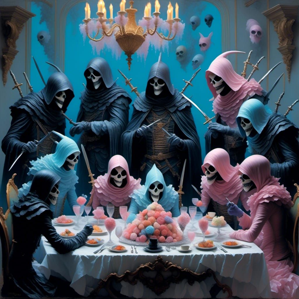 group of assassins <lora:pastel horror:1.0> pastel
