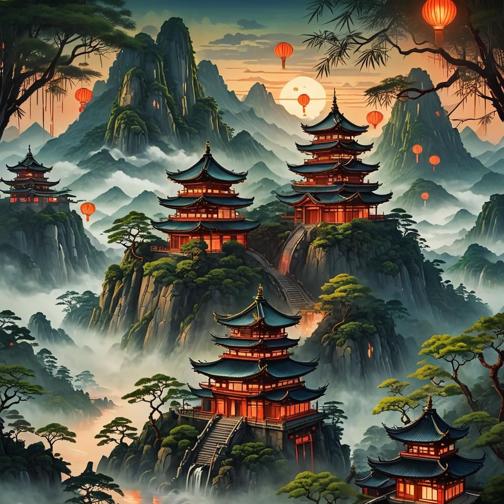 Mystical Asian Temple in Lush Bamboo Forest