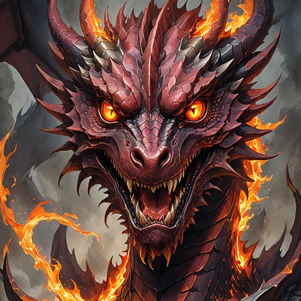 Portrait of a ruby dragon with flaming orange eyes and flames ...