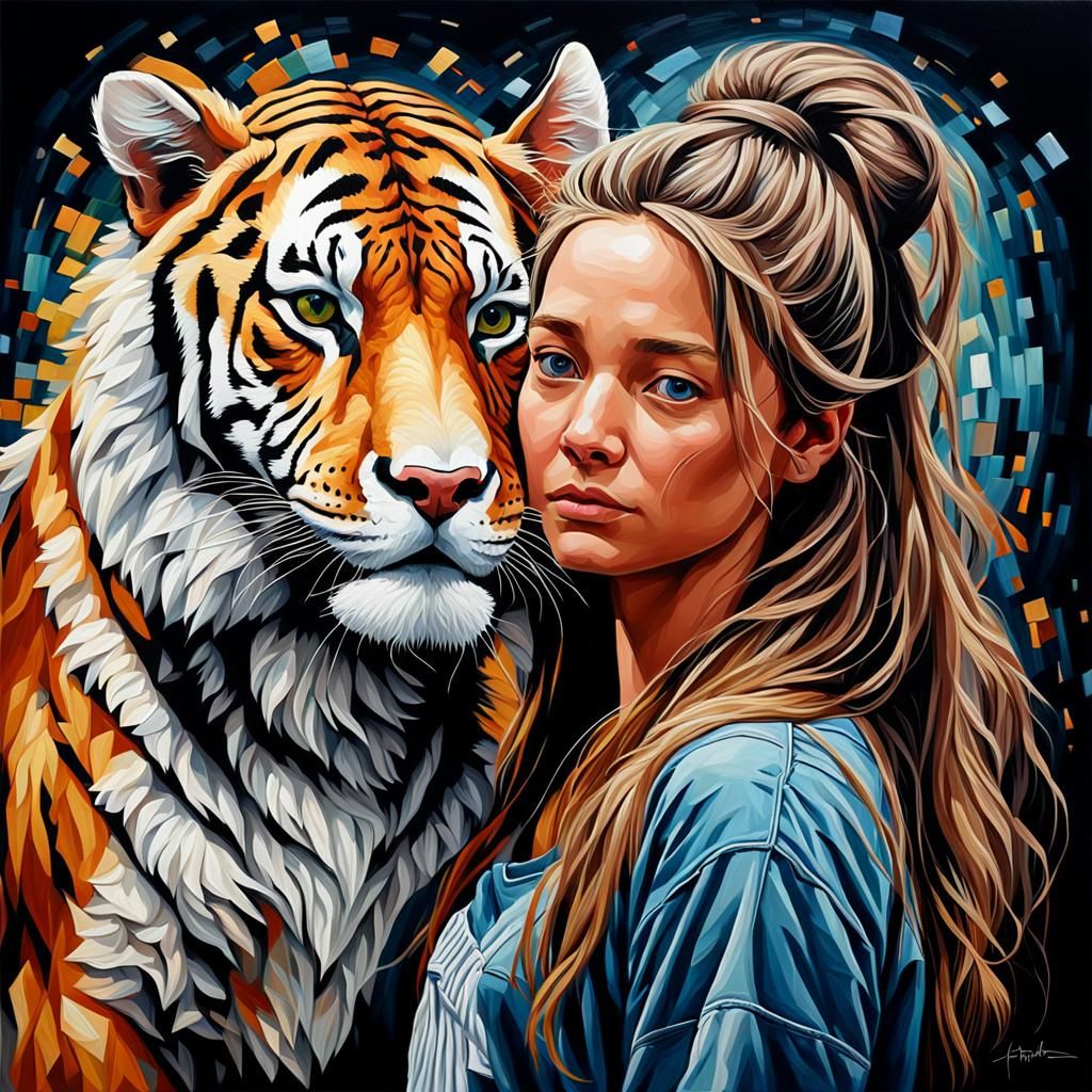 An oil painting showcasing portraits of both woman and anima...