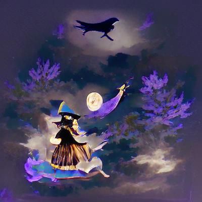 A beautiful witch flying in the moonlight