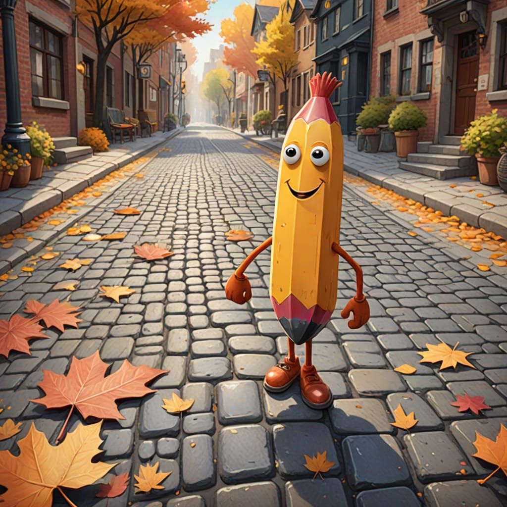 Whimsical Pencil Character Walks on Cobblestone Road