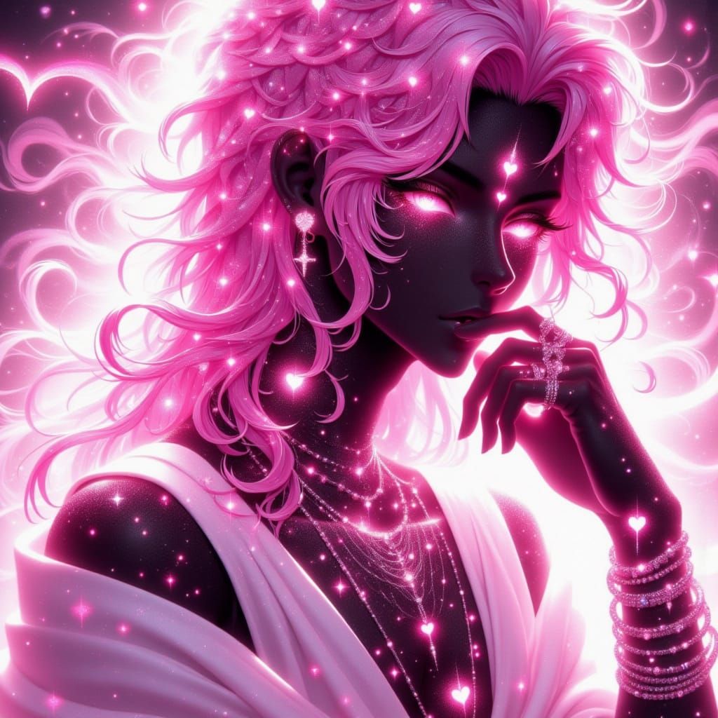 <lora:Boing:1.3> a dark anime style image, a male with dark completely pink with sparkly skin, heavily sparkle skin, pure white eyes, long c...