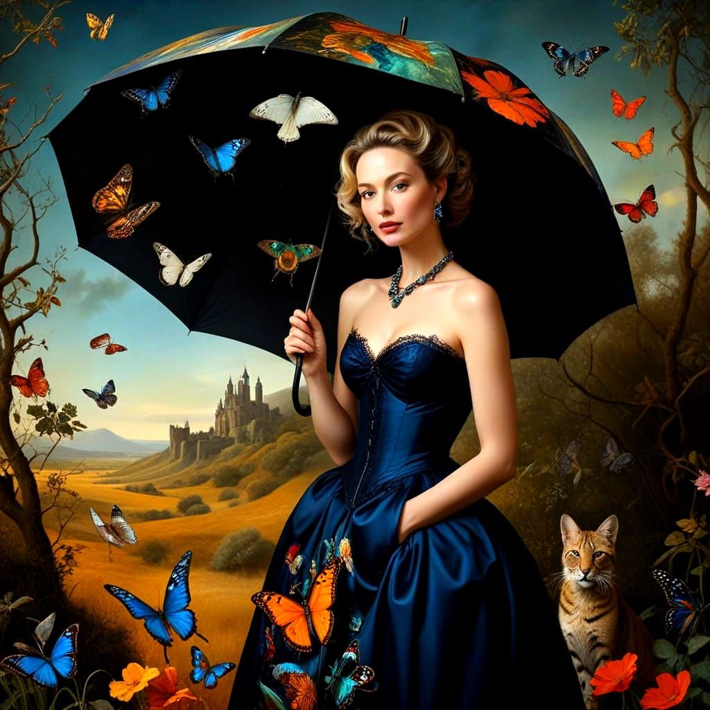 Vibrant Portrait of a Happy Lady Surrounded by Fantastical C...