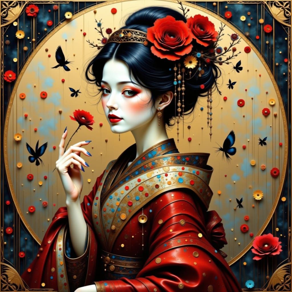 Geisha in the style of Victoria Frances and Luis Royo <lora:Earth and royals:1.0>