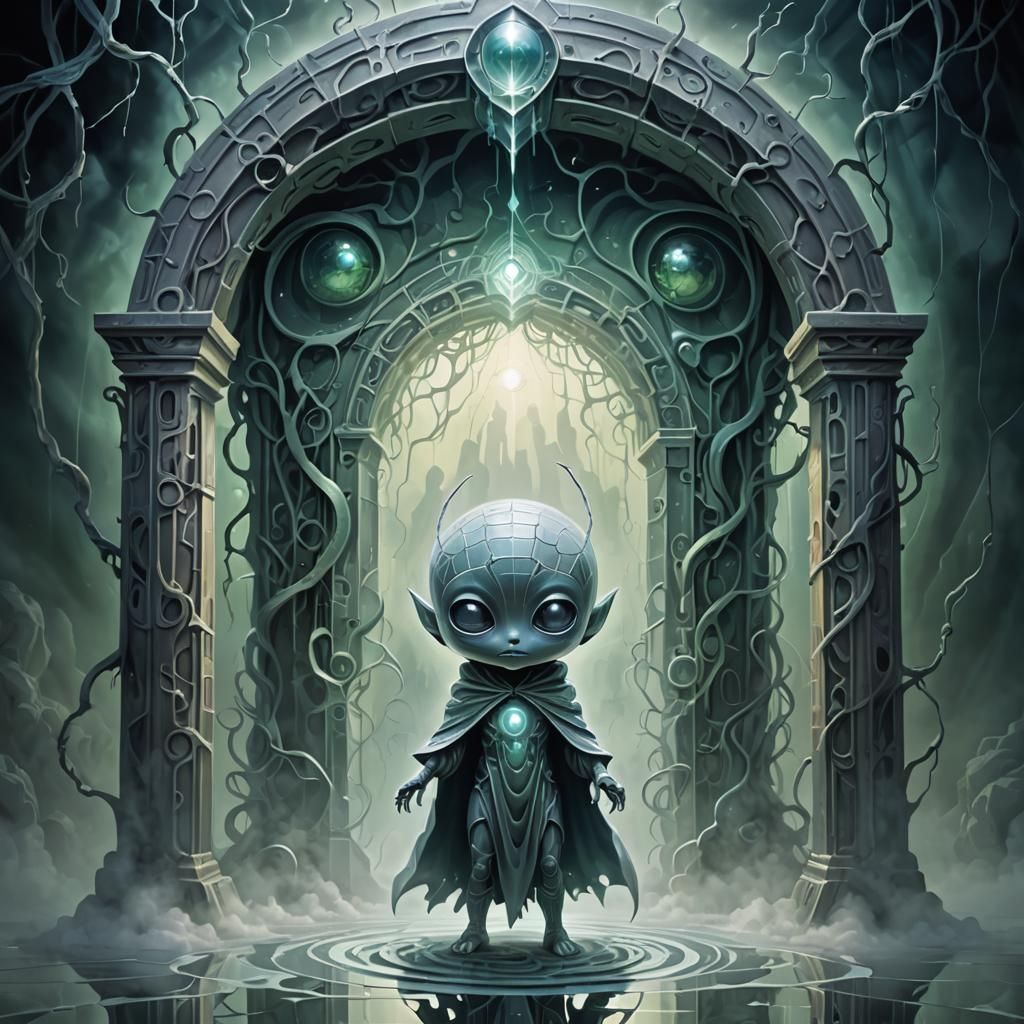 Ethereal Crystalline Metamorphosis Cubism, a silent cute ghostly shadow creature entering a magical portal to an alien w...