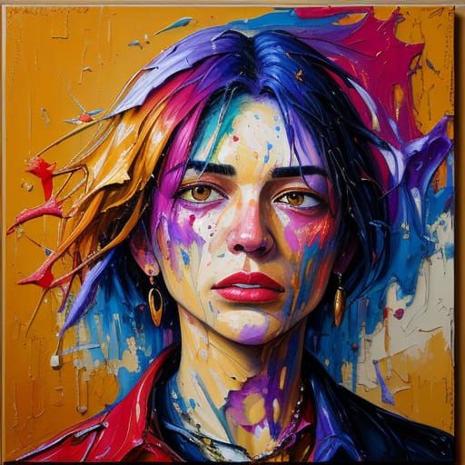 Expressionist abstract censored face dissolving in emotion, painted with bold, overlapping strokes in crimson, lavender, and pale flesh tone...