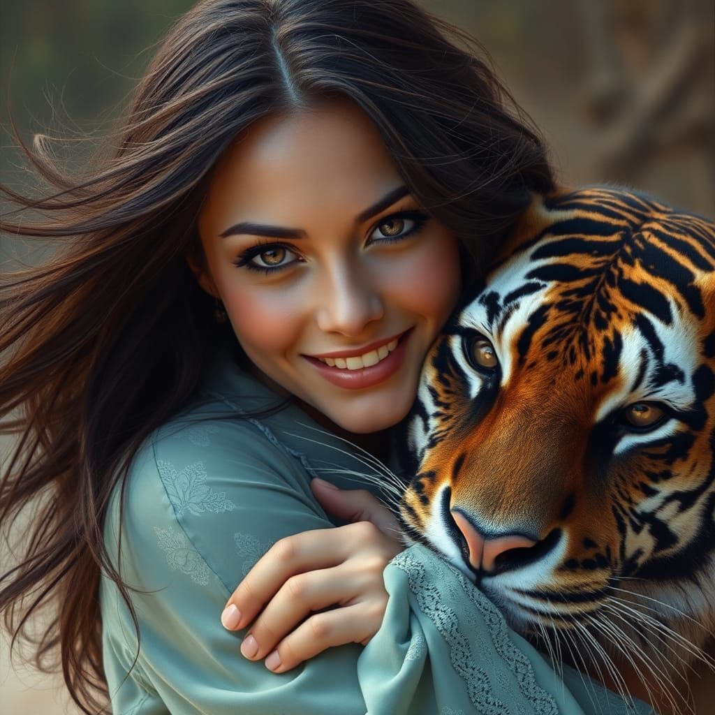 Woman with Purple Eyes Embraces Tiger