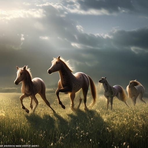 Wild appaloosa horses playing in a meadow - AI Generated Artwork ...