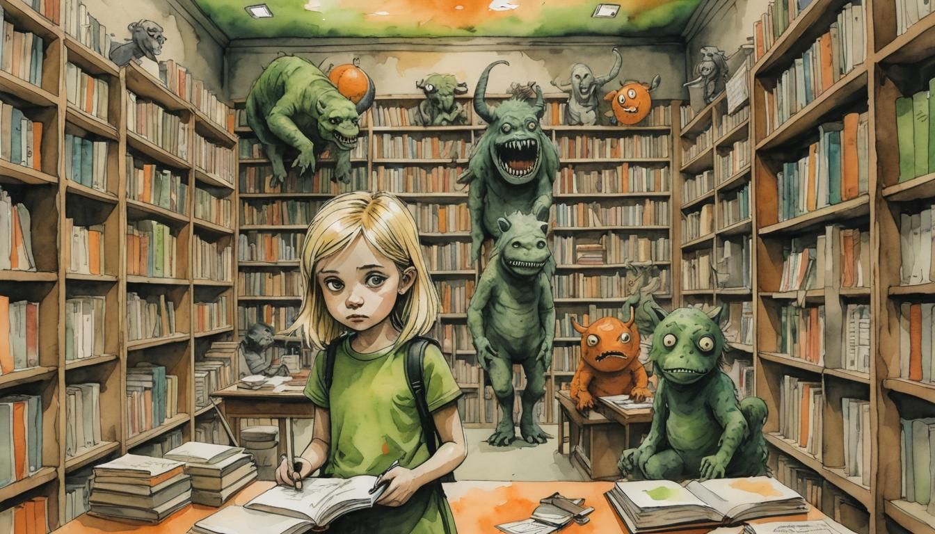 small petite blond girl in bookstore being menaced by monste...