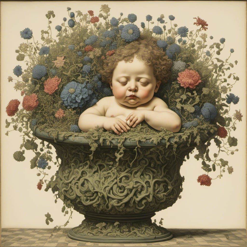 An infant curled up in a flowerpot, <lora:Psychedelic Diorama:1.0>