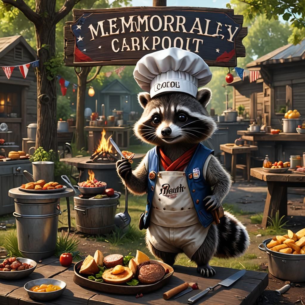 "Memorial Day" written on sign held by a raccoon wearing che...