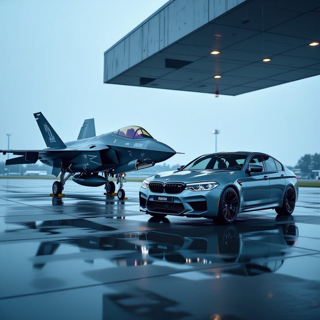 Fighter Jet & BMW M5 on Wet Tarmac
