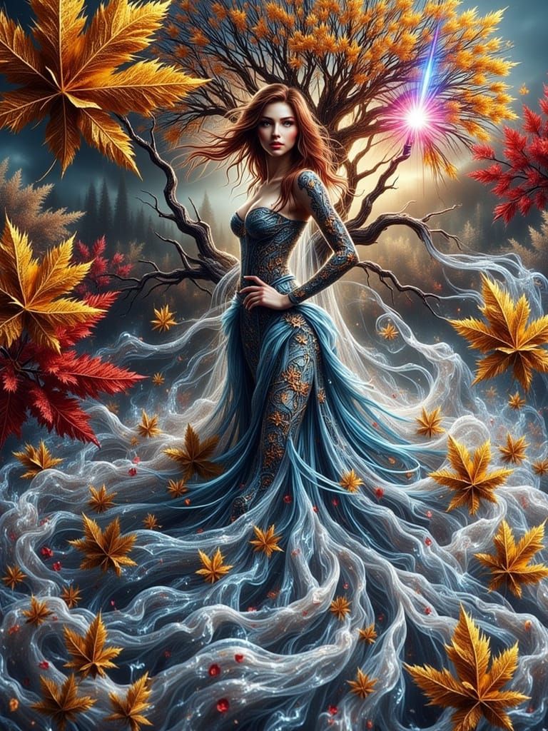 She dances and spins while the leaves blow around her, sparks fly from her fingers lighting the scene.