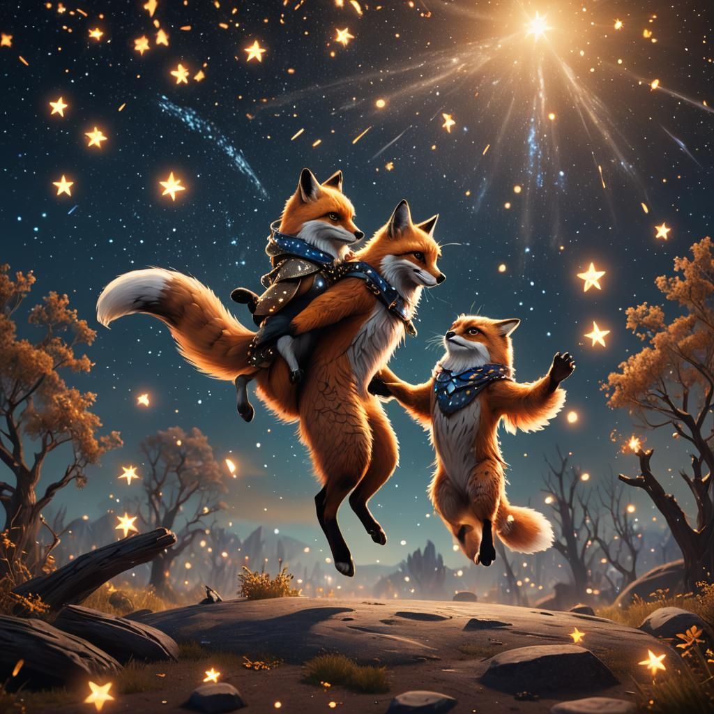 A fox and an owl dancing among the stars with star sprites. ...