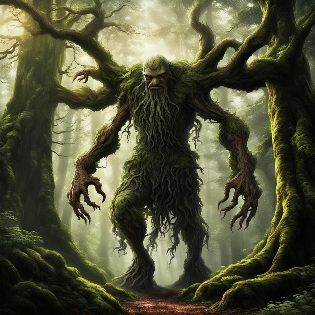 An Ent, a tree creature with arms and legs, walking through ...