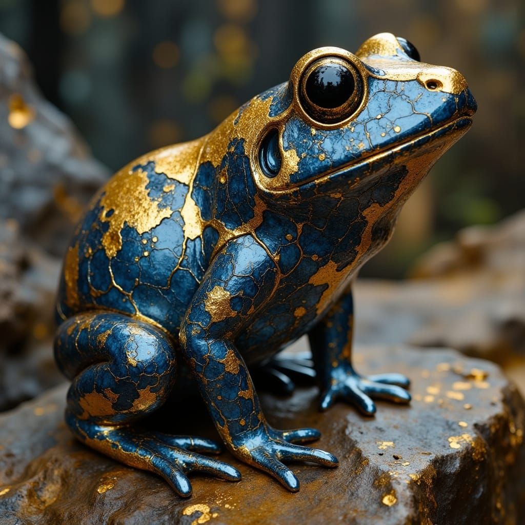 Golden Cracked Frog Sculpture with Ancient Light
