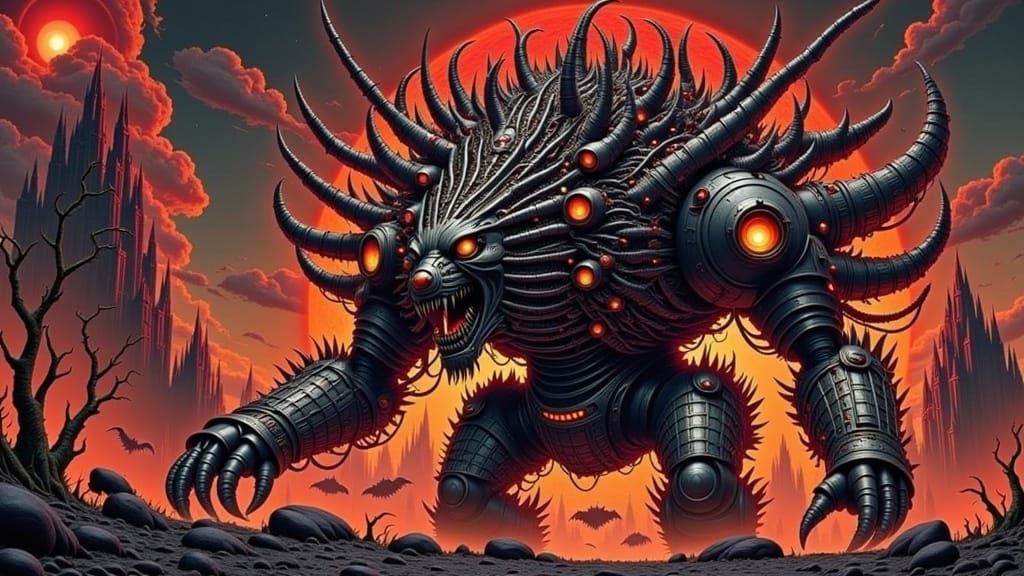 <lora:TheEngineWalks 2p0:1.0>  "(A massive mechanical titan-in-a-wolf-mask floating across the battlefield:1.4) burning-armored Chaos Space-...