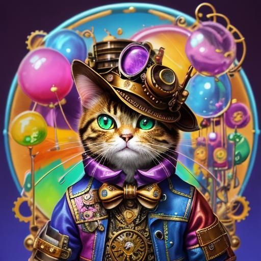 Colorful Steampunk Cat, sundrops, lollipops, and rainbows,