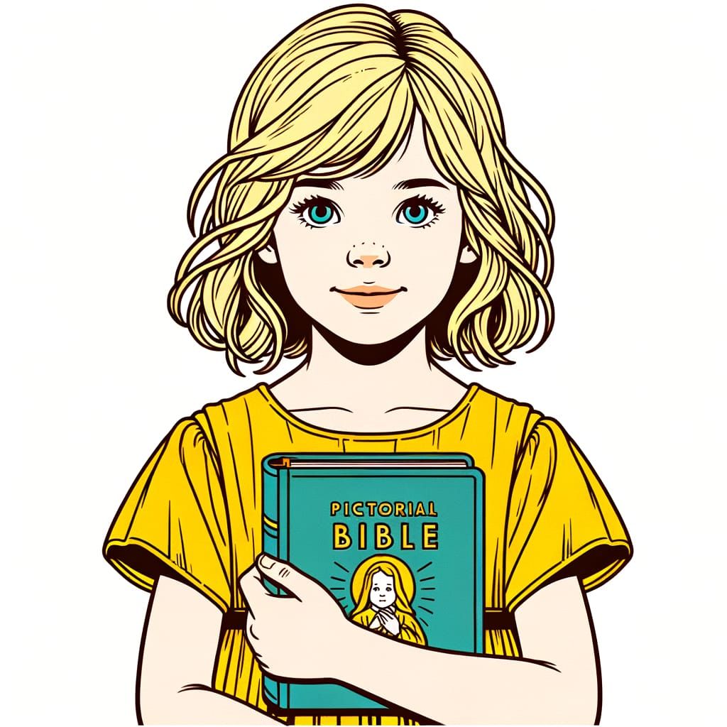 ​A 7-year-old girl named Lily, with blonde hair, blue eyes and a yellow dress, holding a simple children's picture Bible. She is looking for...