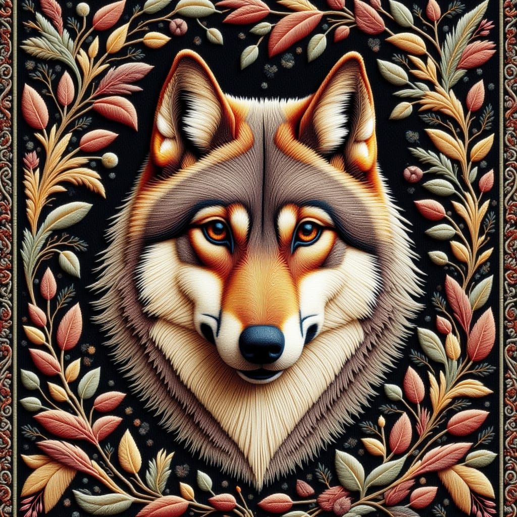 Wolf close up in the forest tapestry stitch <lora:Tapestry Touches 2:1.0>