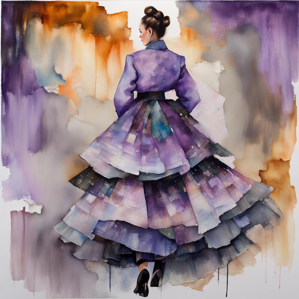 Impressionistic Alcohol Ink Paper Collage, 20th Century Tea Gown