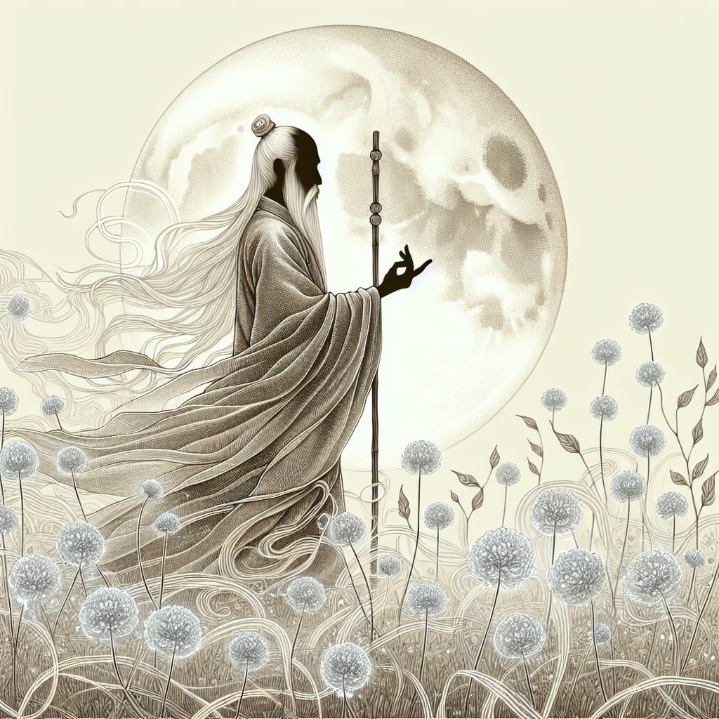 Shaolin Monk Silhouette in Psychedelic Antique Style