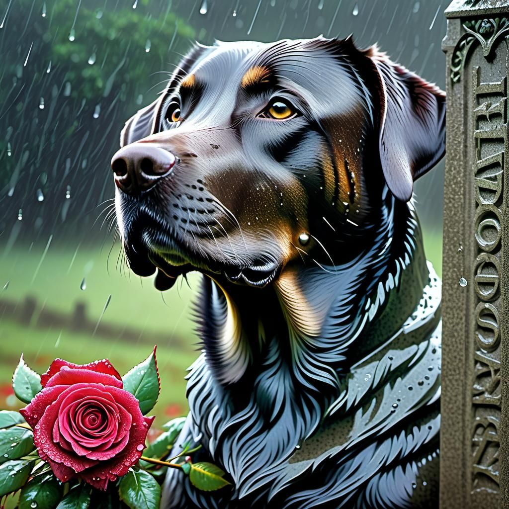 Labrador at Gravestone in Rainy, Gloomy Scene
