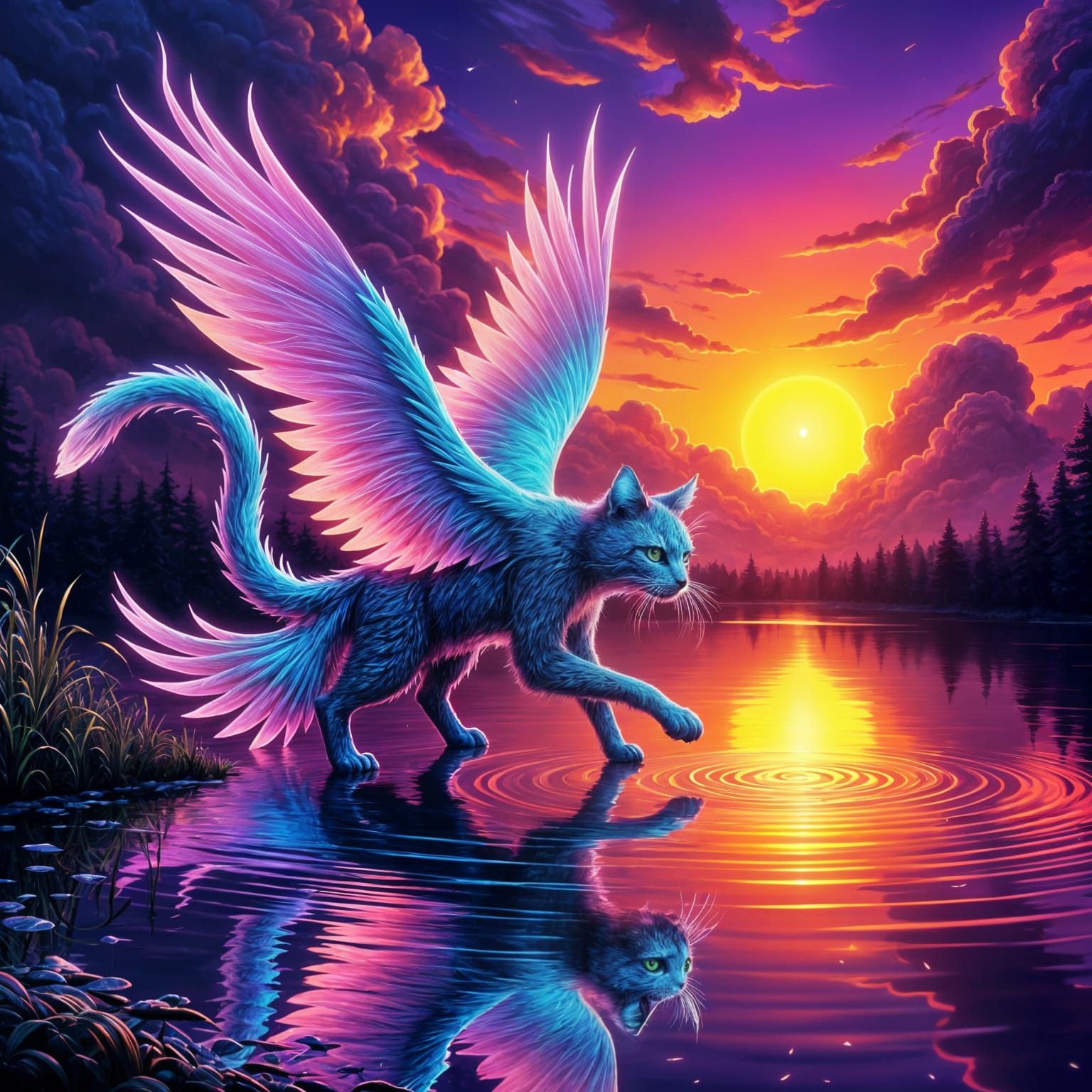 The Catbird is waiting for the perfect moment to catch the fish (Neon Cosmic Cat #3)