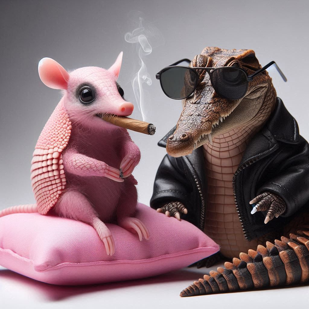 A Pink Fairy Armadillo on a Pillow, Smoking Cigarillo With a Peccadillo Crocodillo