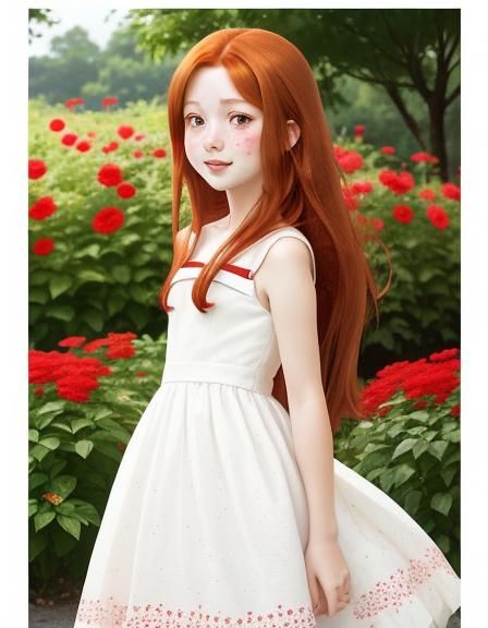 Cute Auburn Girl Picking Flowers in Anime Style