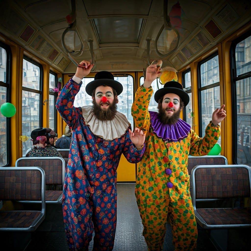 Joyful Hasidic Clowns Celebrate Purim in Vibrant Cable Car S...