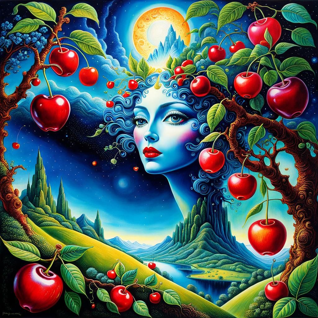 beautiful surreal cosmic woman and cherries - AI Generated Artwork ...