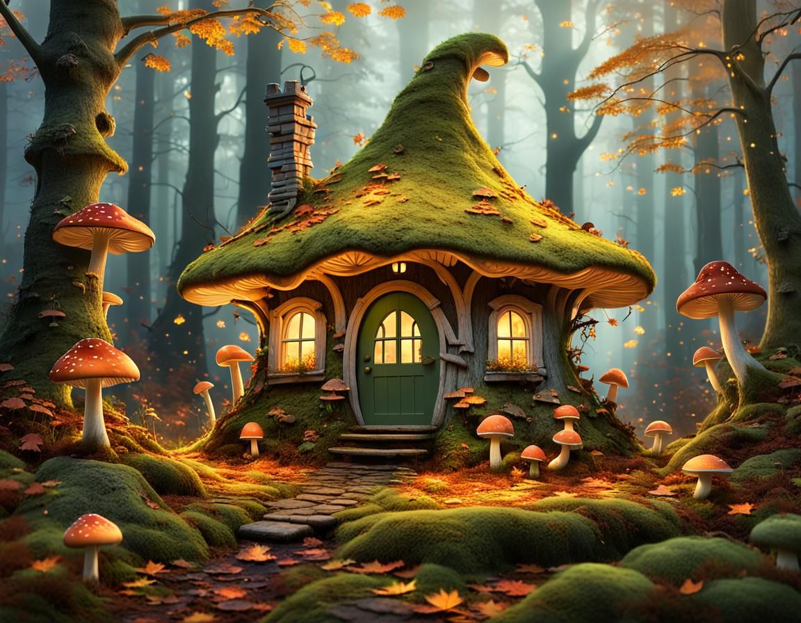 "A cozy autumn forest scene at dusk, with golden leaves fall...