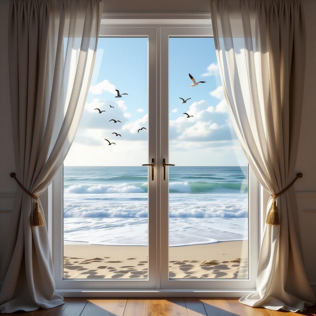 Realistic Ocean View Through Window